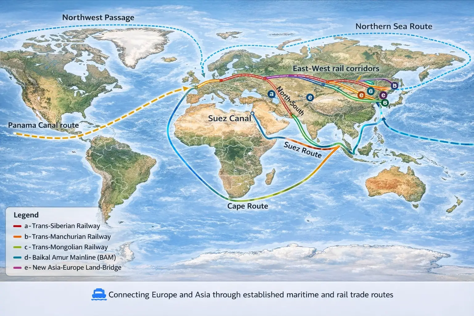Main shipping routes between Europe and Asia
